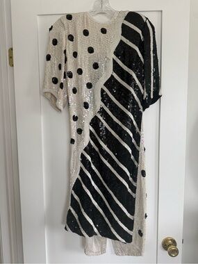 Black and Ivory Sequin Polka Dot & Stripe Dress